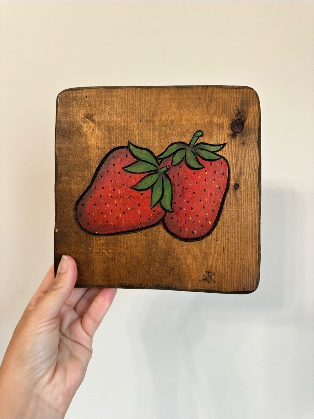 Hand-Painted Red Strawberry Wood Plaque